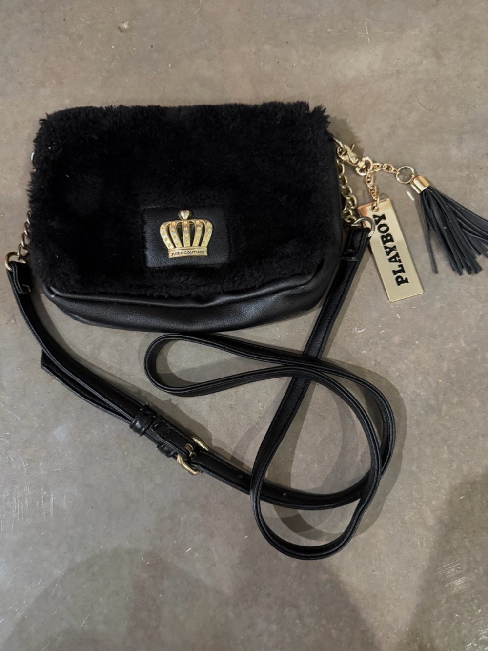 Juicy Couture Black Faux Fur Crossbody with Gold Tassel Charm